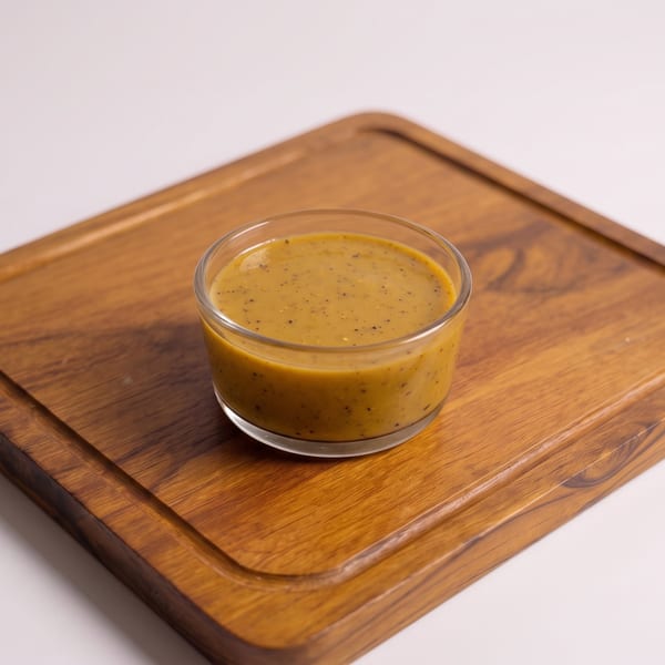 Small glass of speckled brown sauce on a wooden serving board.