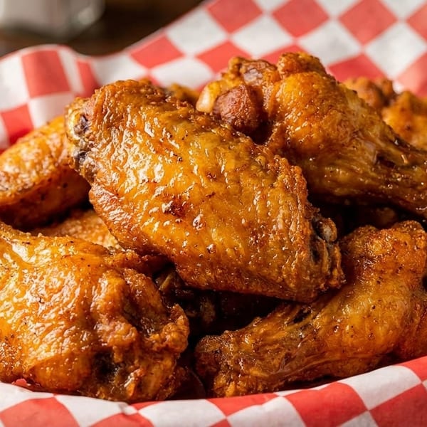 Crispy, golden-brown chicken wings served in a red and white checkered paper-lined basket.
