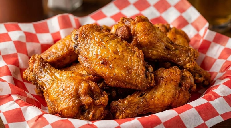Crispy, golden-brown chicken wings served in a red and white checkered paper-lined basket.