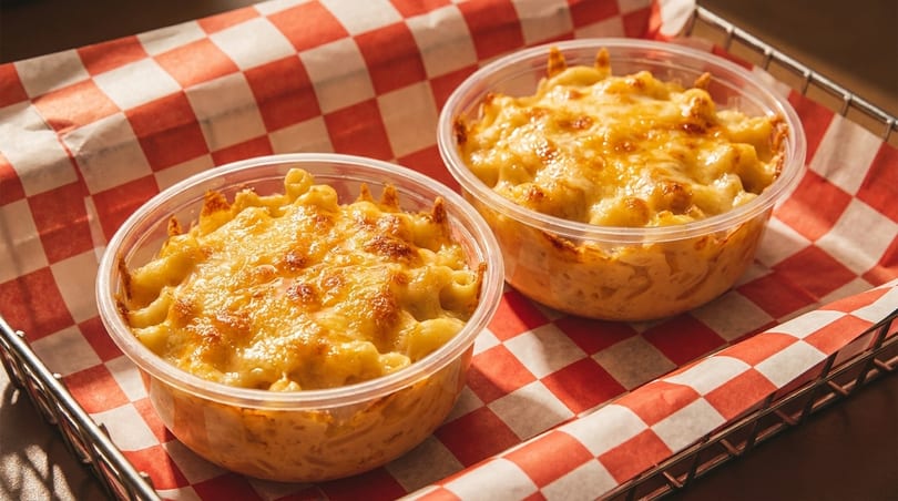Two clear plastic bowls of baked mac and cheese with a crispy topping, on red and white checkered paper.