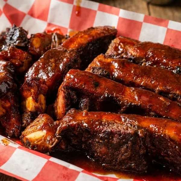 Glazed BBQ ribs served in a basket lined with red and white checkered paper.