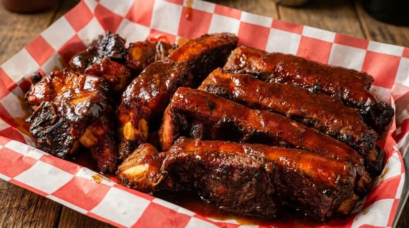 Glazed BBQ ribs served in a basket lined with red and white checkered paper.