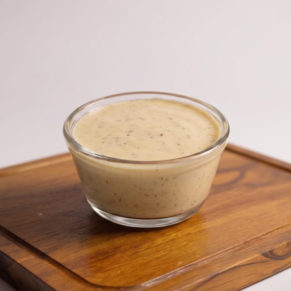 Creamy light-colored sauce with dark specks in a glass bowl on a wooden serving board.
