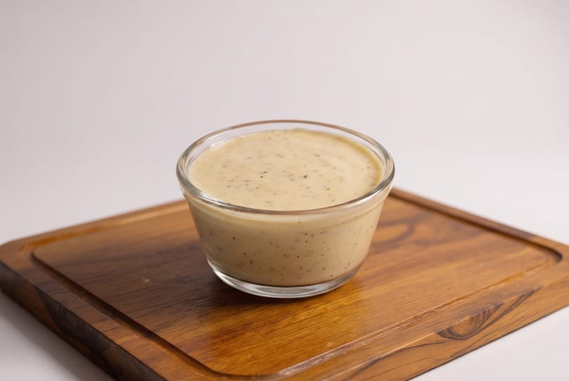 Creamy light-colored sauce with dark specks in a glass bowl on a wooden serving board.