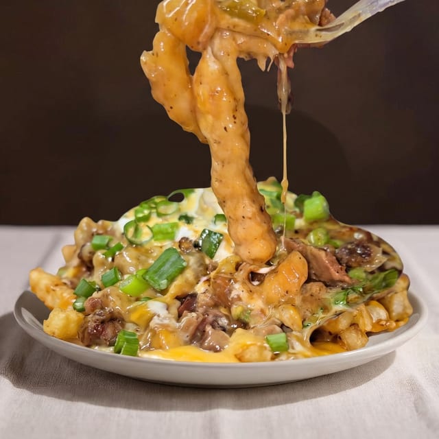 Pulled Chicken Loaded Fries Bowl.